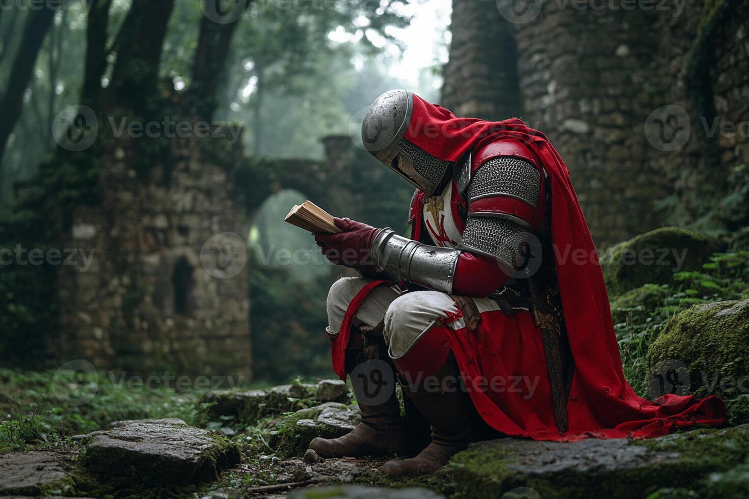 A man in a red cloak reading a book photo