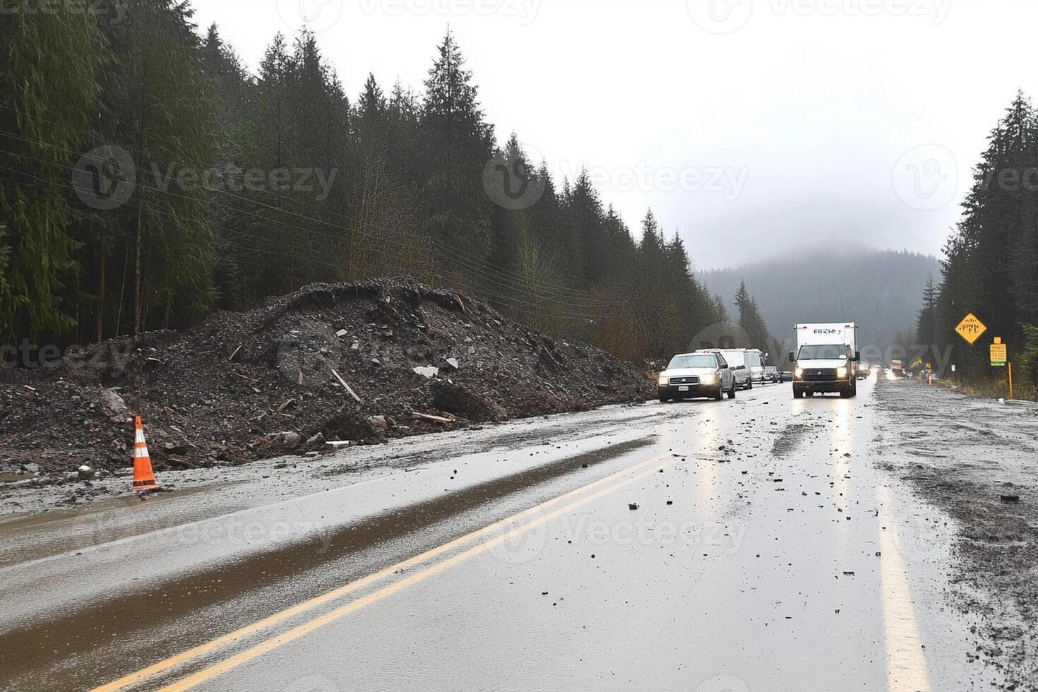 A pile of dirt and debris on the side of the road photo