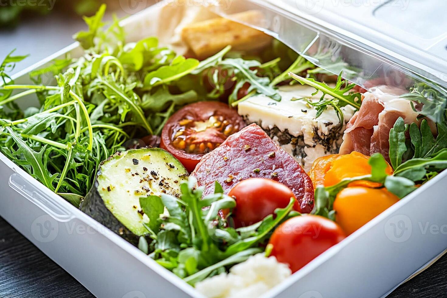 A white container filled with vegetables and meat photo