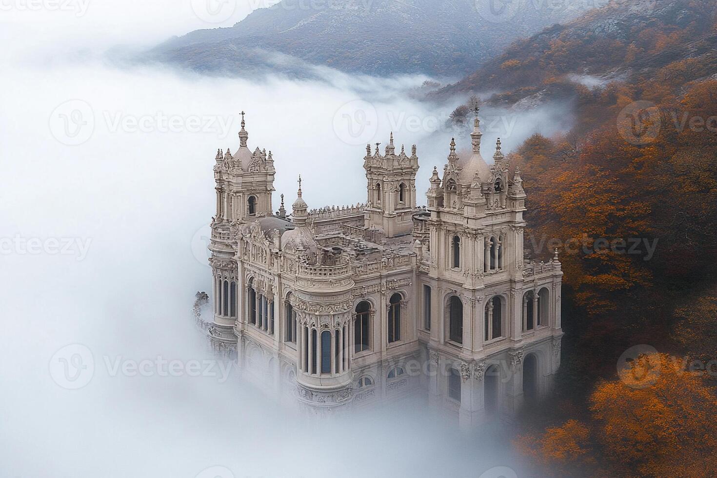 A castle in the clouds surrounded by fog photo