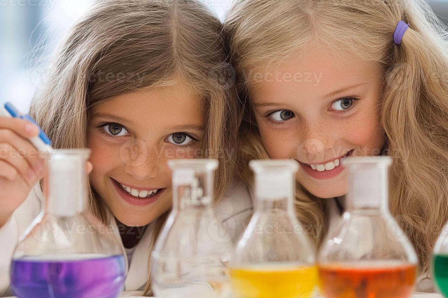 Two young girls are smiling while holding up test tubes photo