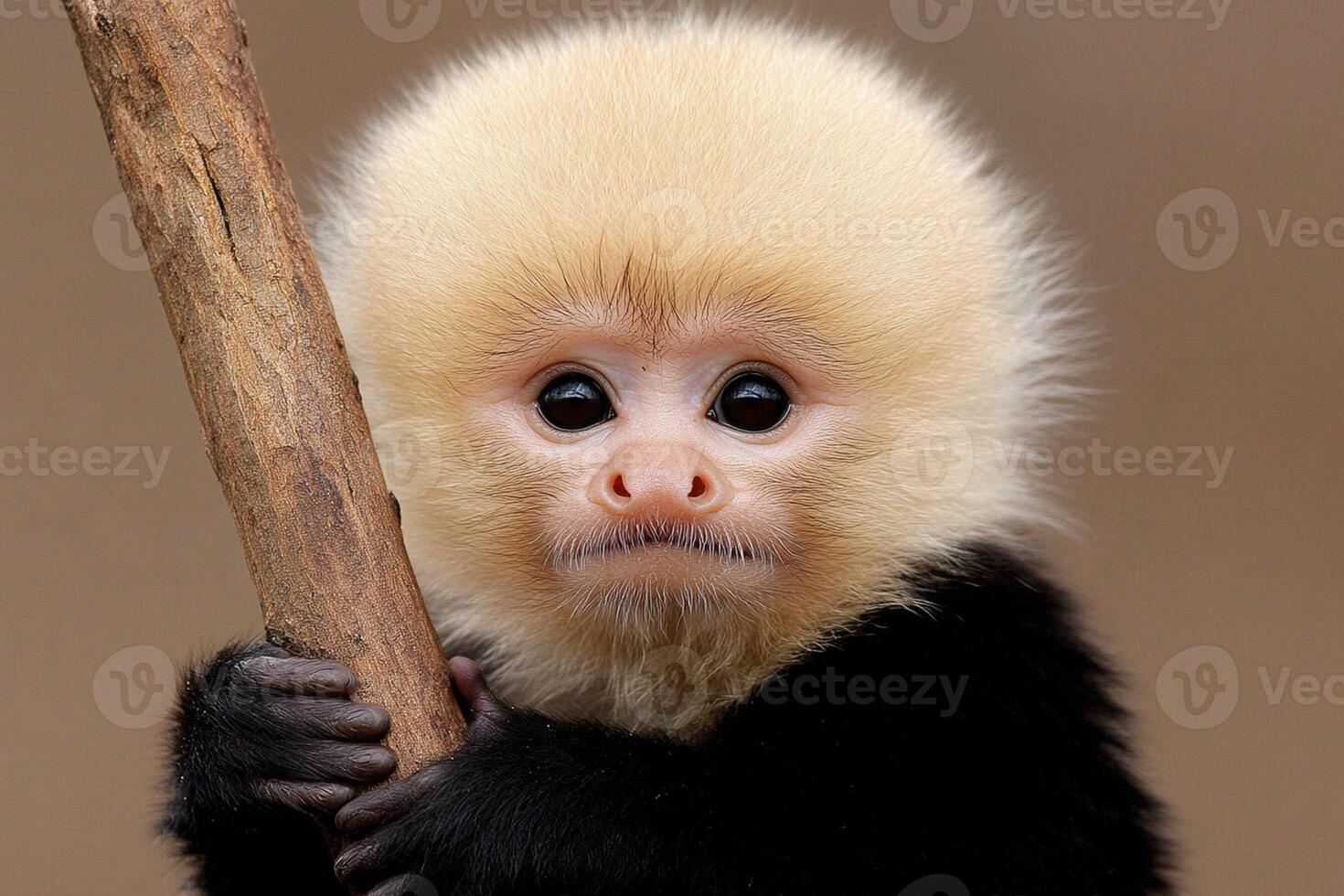A white and black monkey holding a stick photo