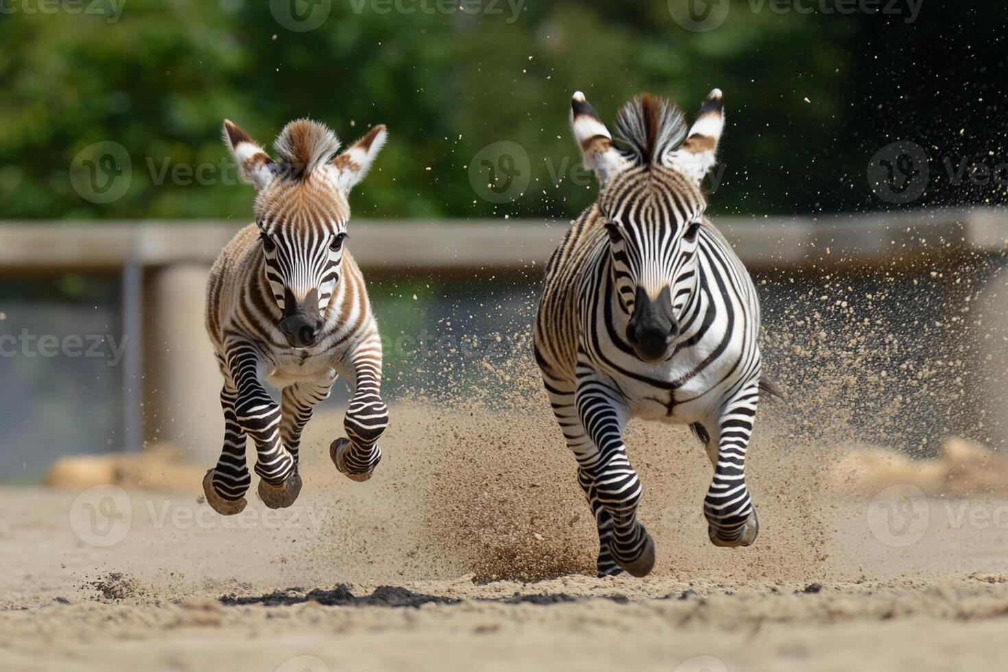 Two zebras running in the dirt photo