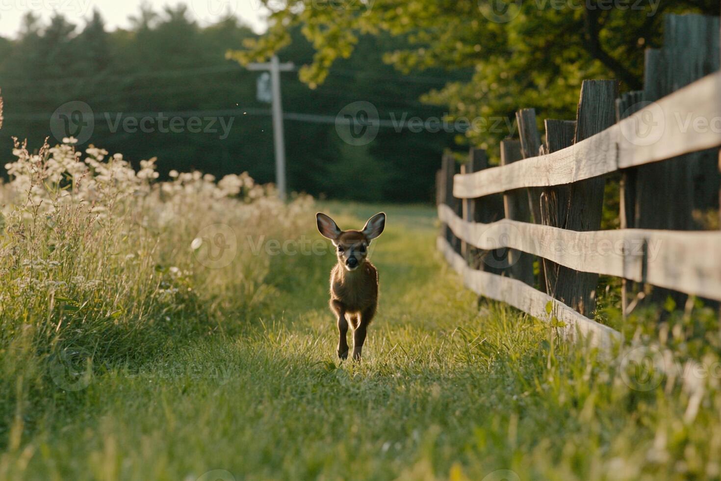 A deer is walking through a field near a fence photo