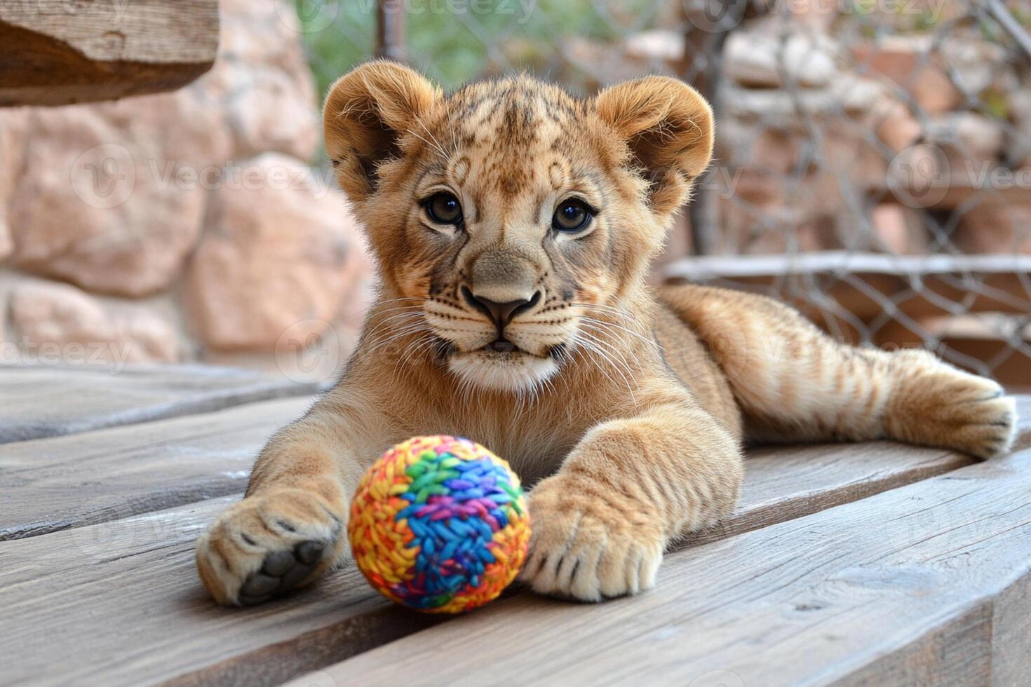 A lion cub playing with a ball photo