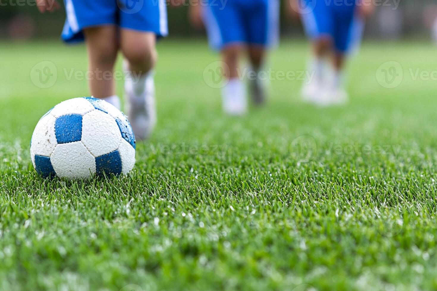 A group of children playing soccer on a grassy field photo