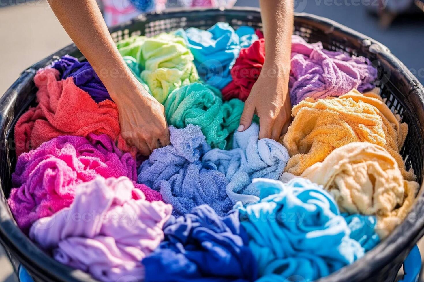 A person is holding a basket full of colorful towels photo