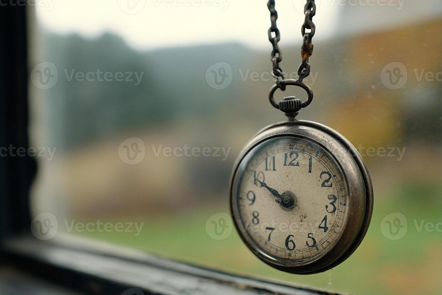 A clock hanging from a chain on a window sill photo
