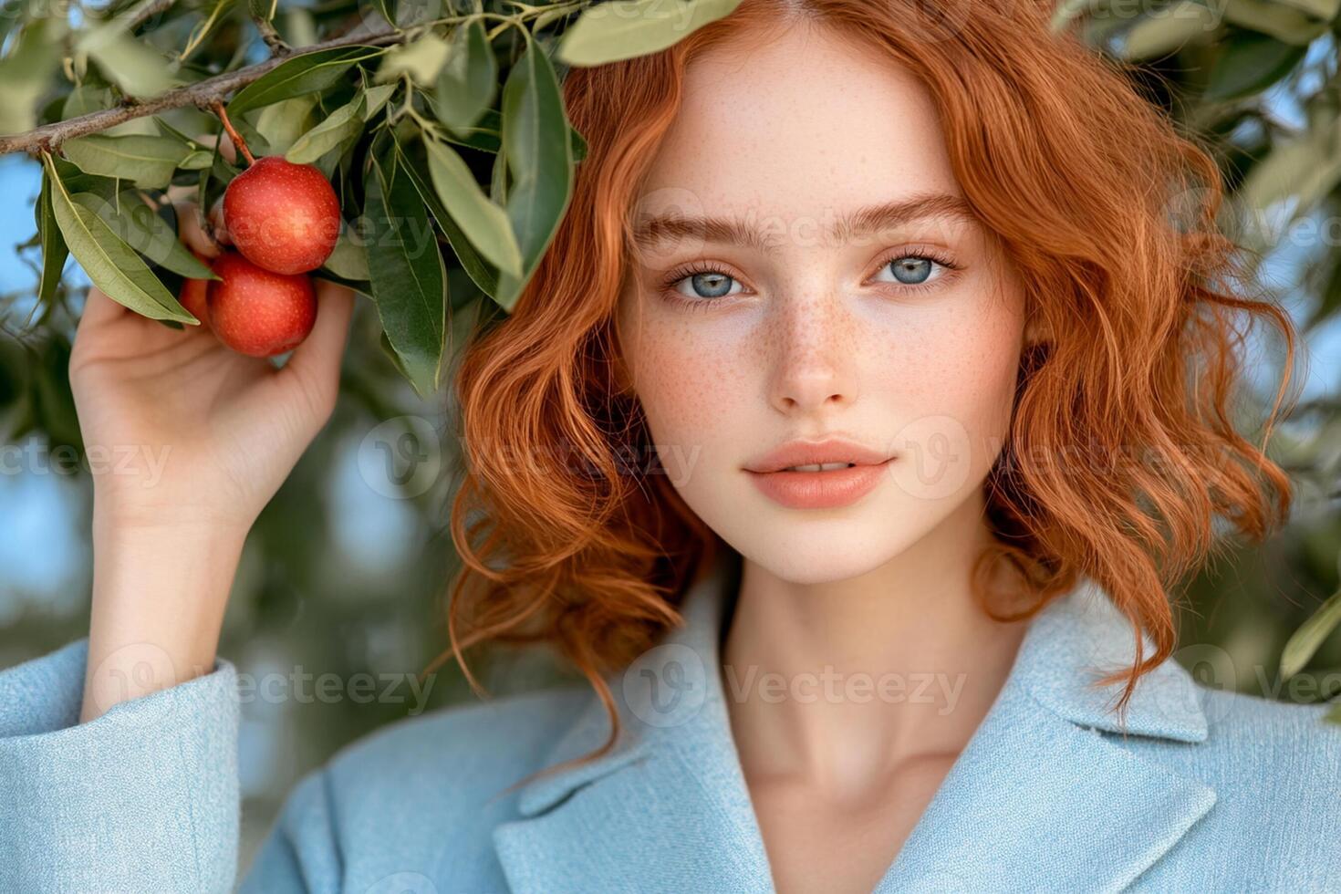 A woman with red hair and blue eyes is holding an apple photo
