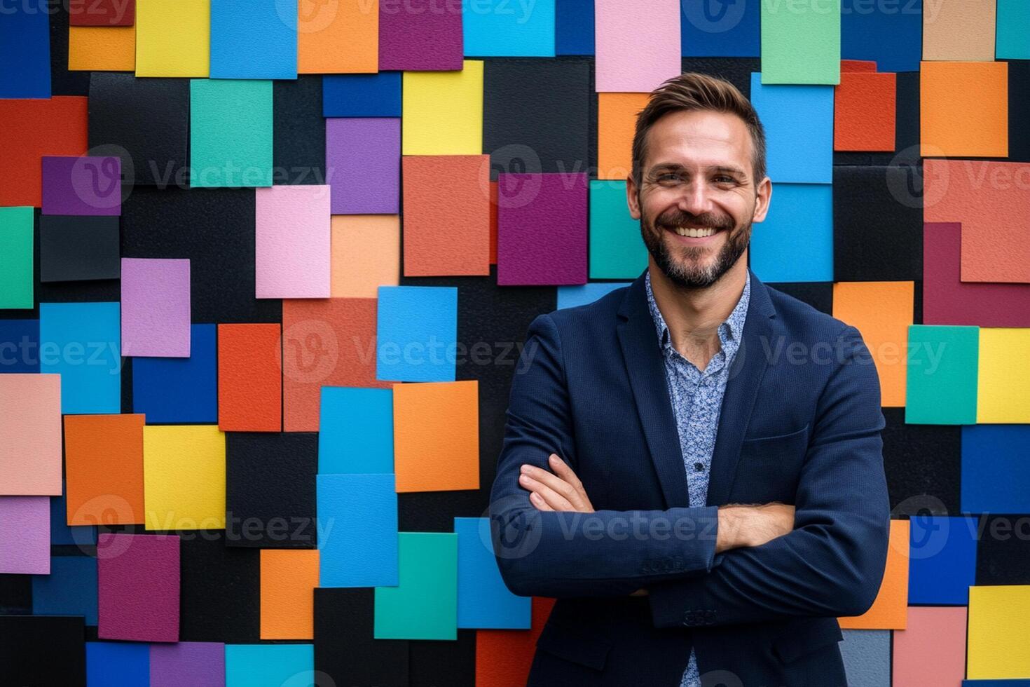 A man in a suit standing in front of a colorful wall photo