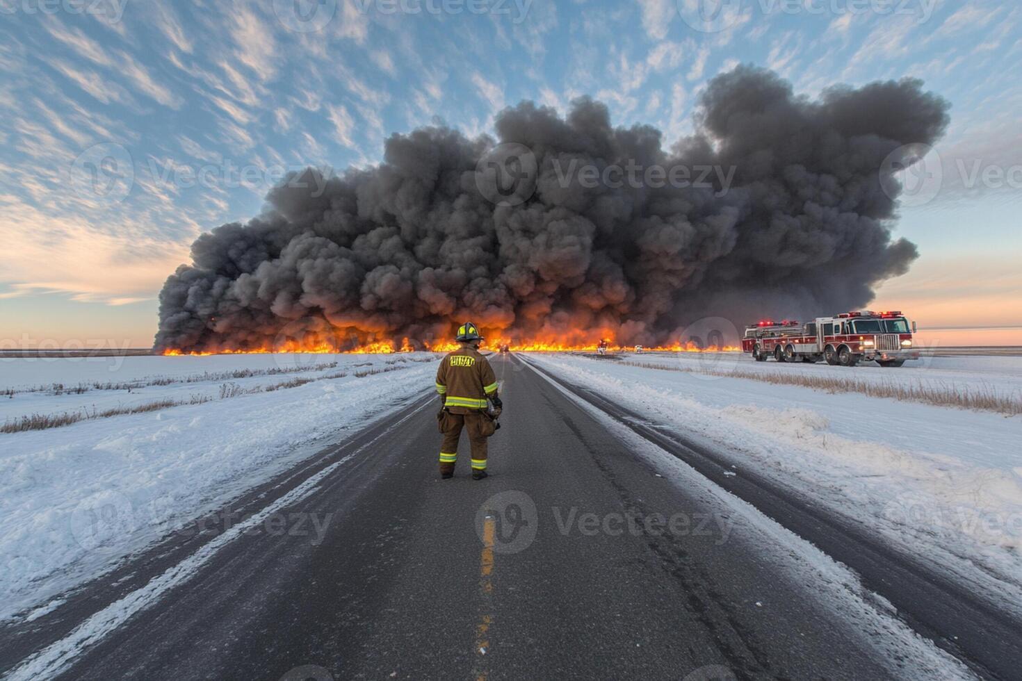 A firefighter walks down the road with a large fire photo