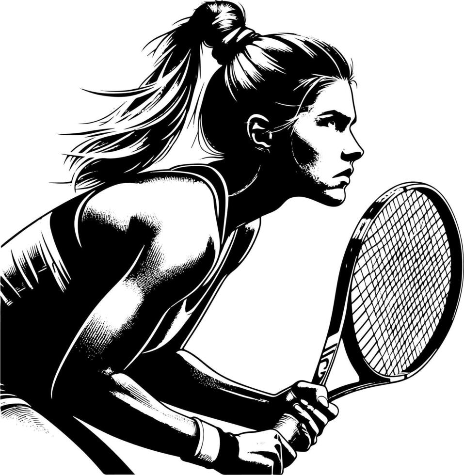 Female Tennis Player With Fierce Expression Waiting For A Serve, Black And White Tennis Silhouette vector