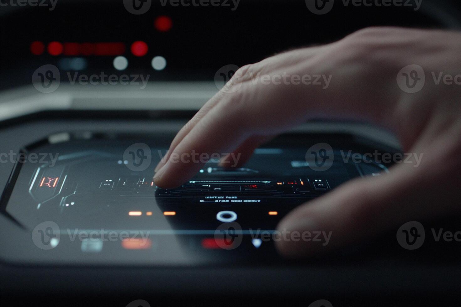 A person's hand is touching a touch screen in a car photo