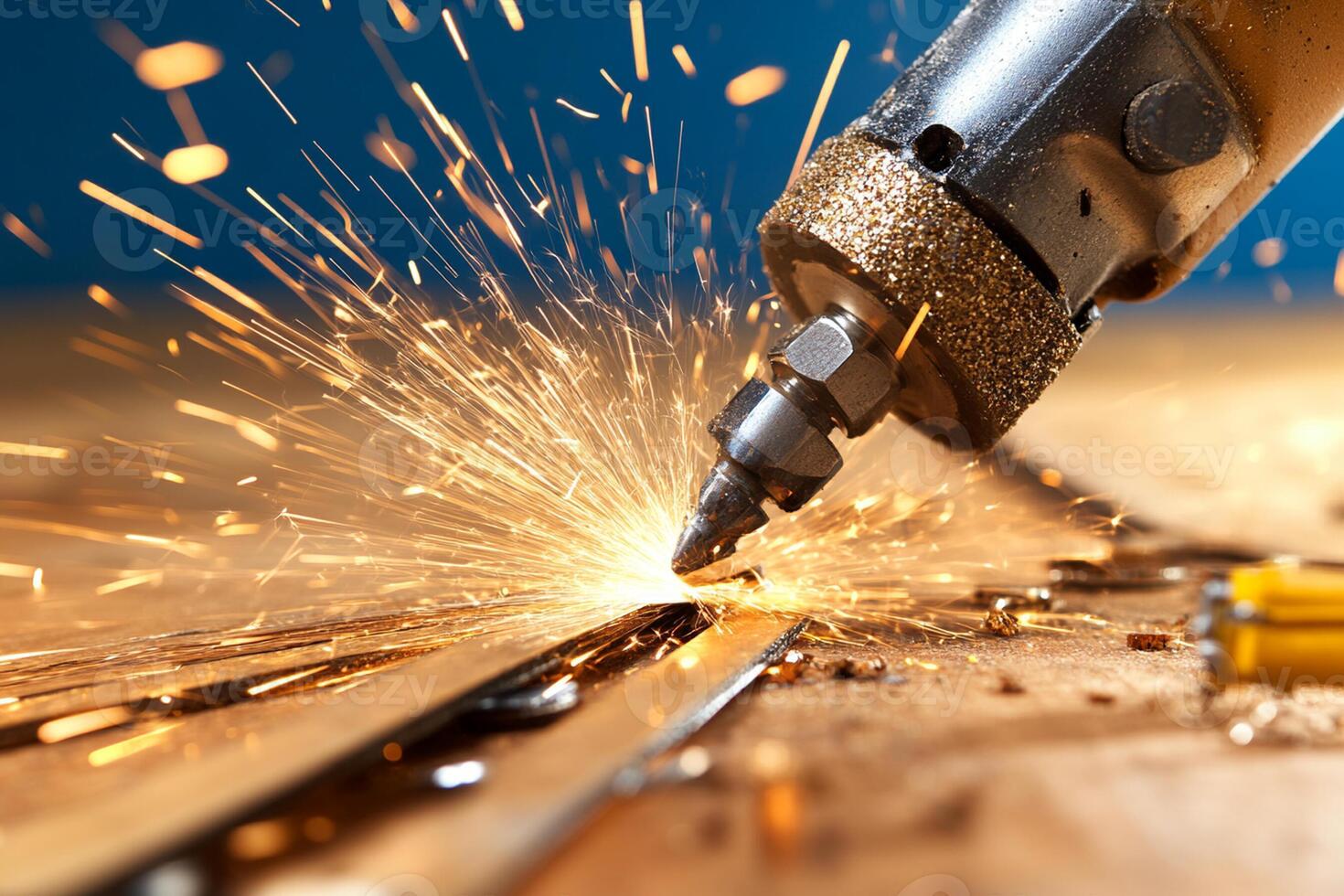 A close up of a drill being used to cut a piece of wood photo