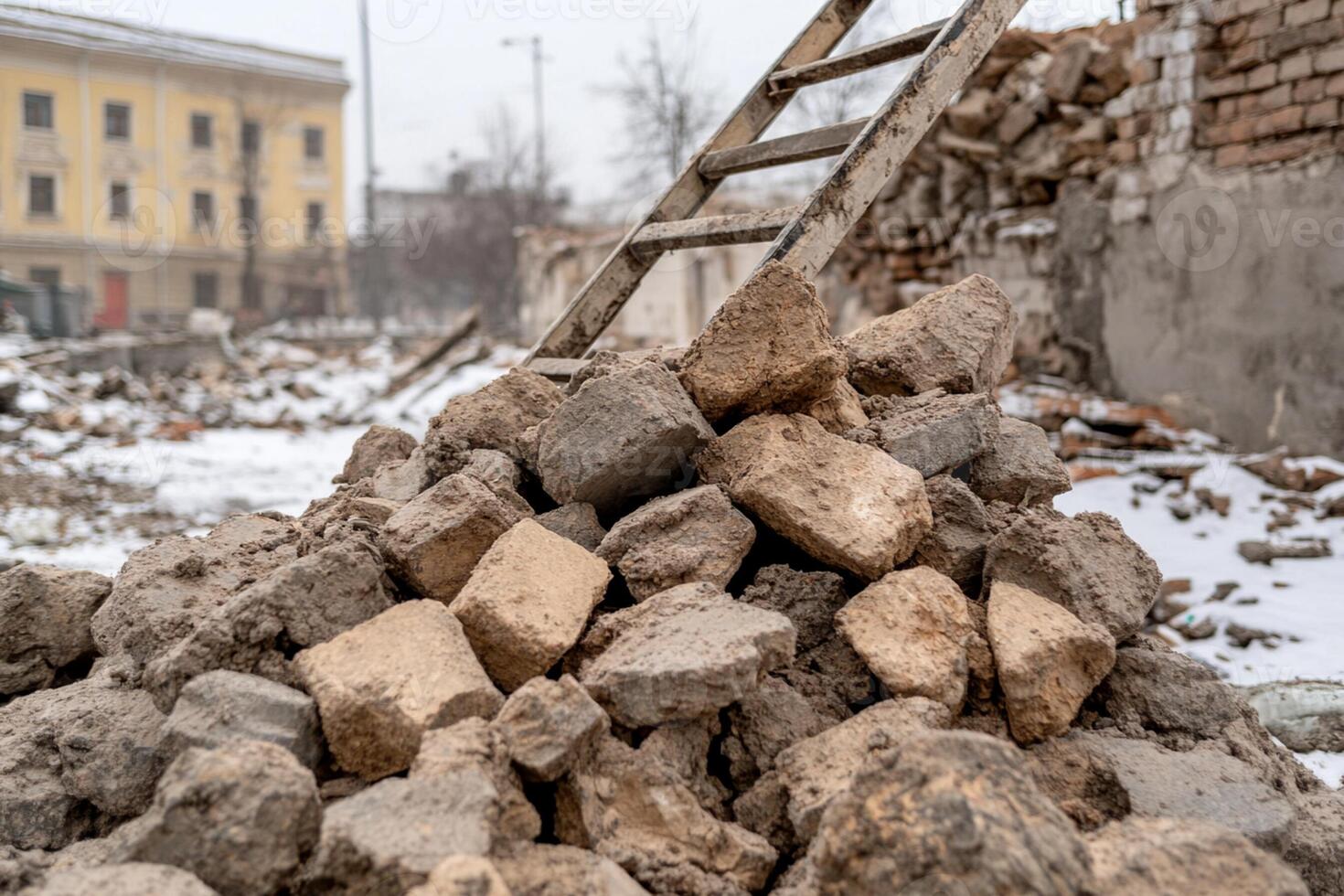 A pile of rubble and a ladder in front of a building photo