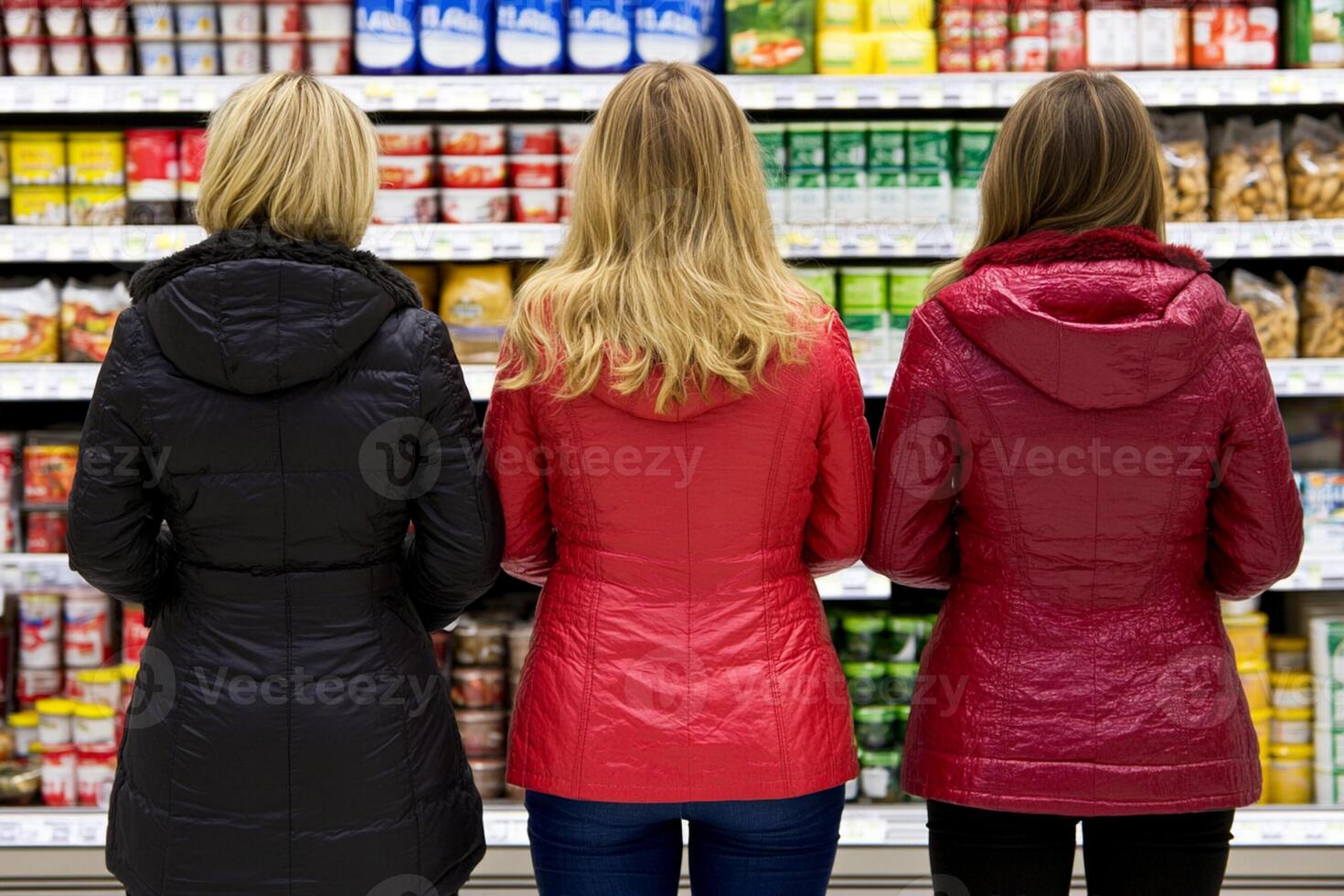 Three women in jackets standing in front of a shelf of food photo