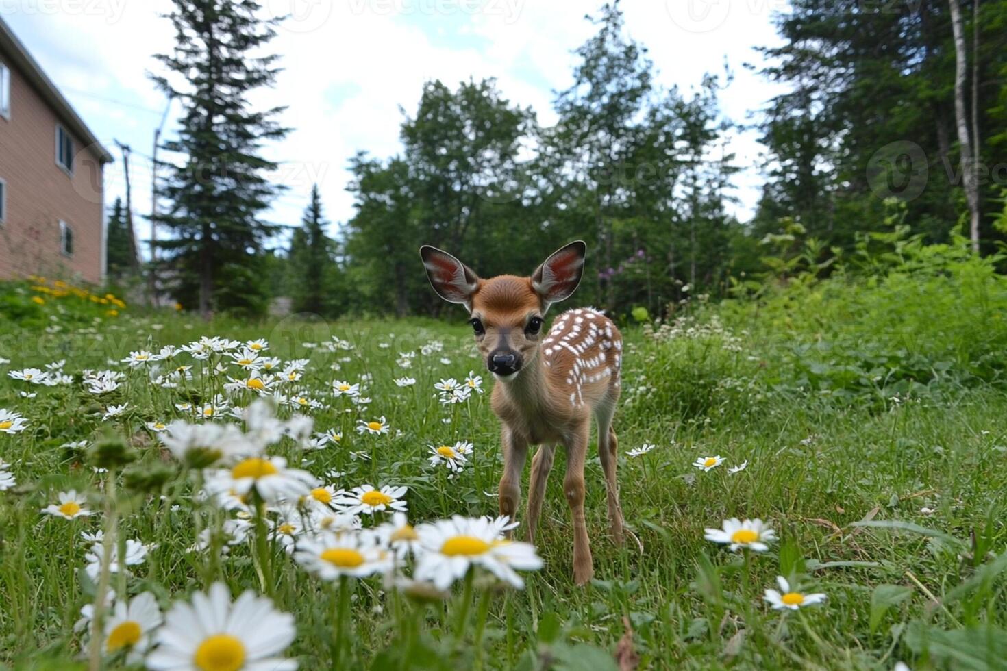 A fawn in a field of daisies photo