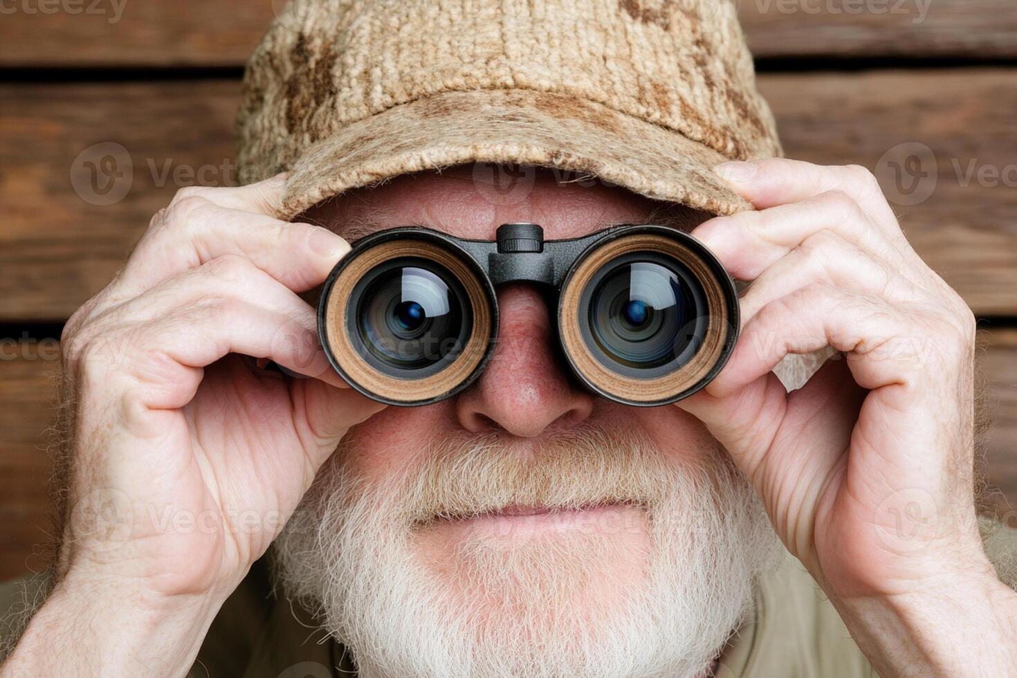 An old man with a hat and a binoculars photo
