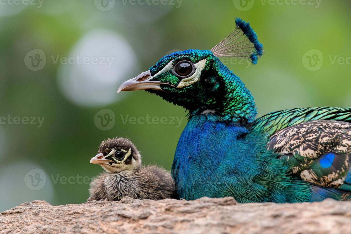 A peacock and its baby are sitting on a rock photo