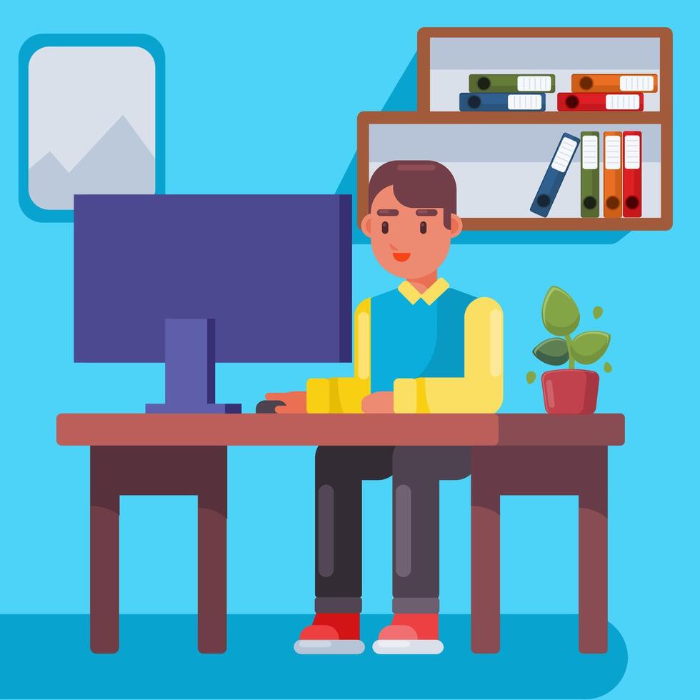 Man working with his PC , working desk with working man and computer vector