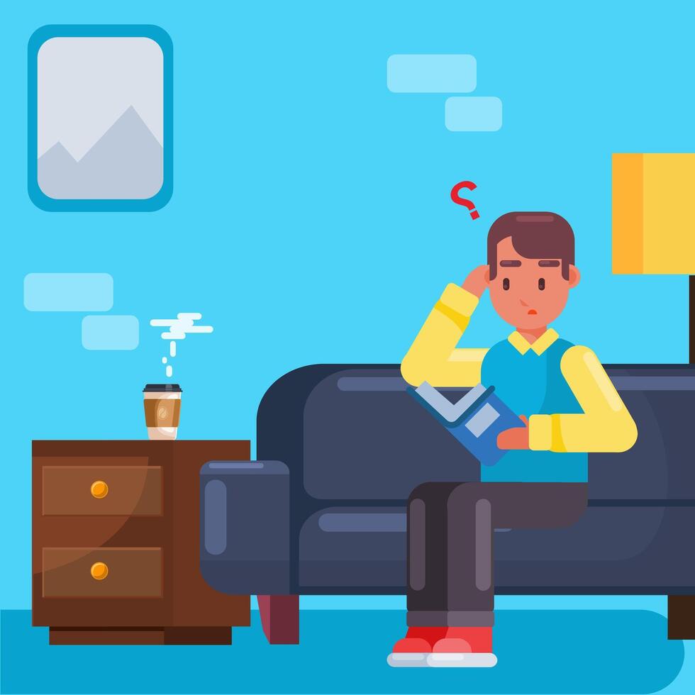 Man reading book and drink coffee, working from anywhere, man reading book and confused vector