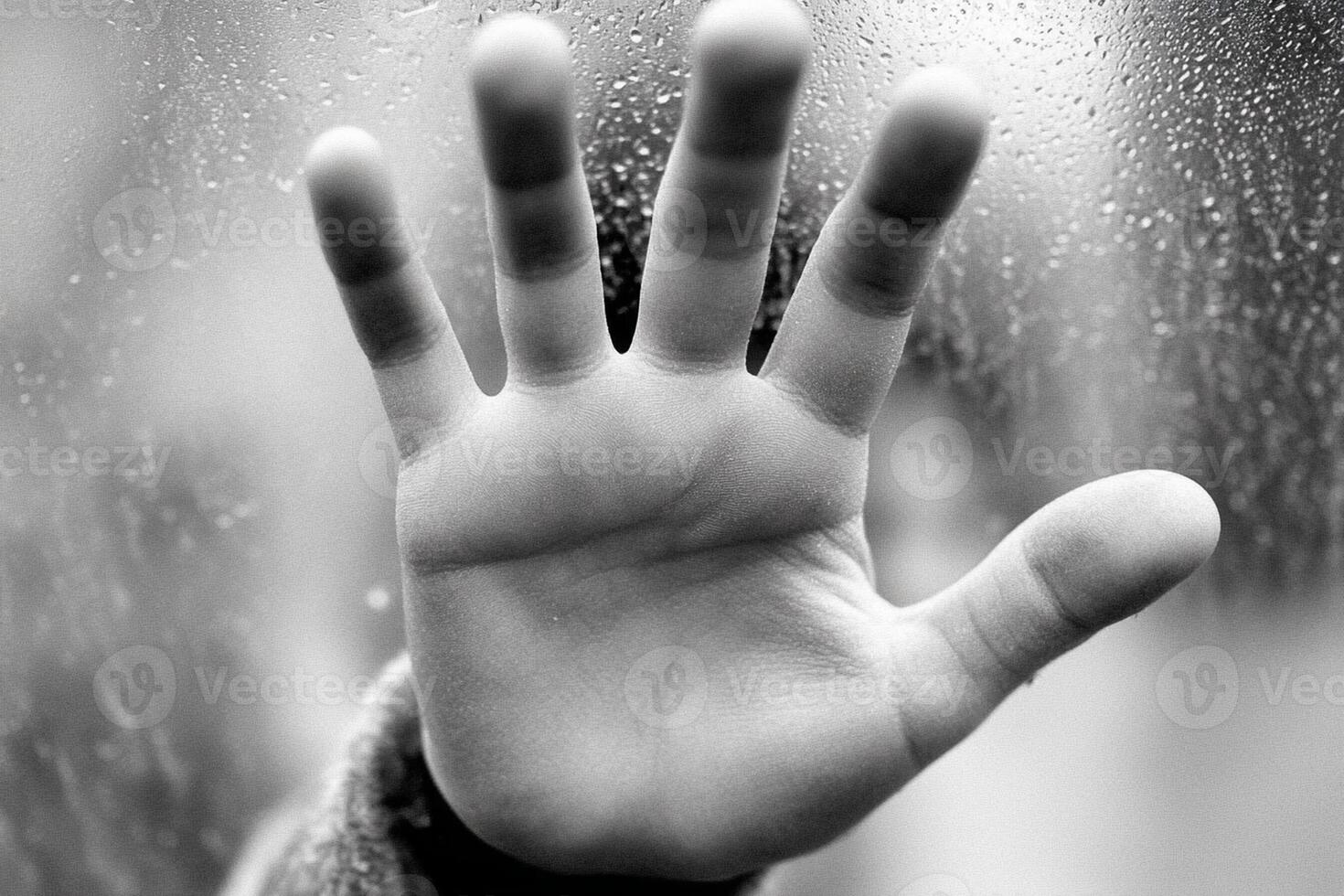 A black and white photo of a hand reaching out to the rain