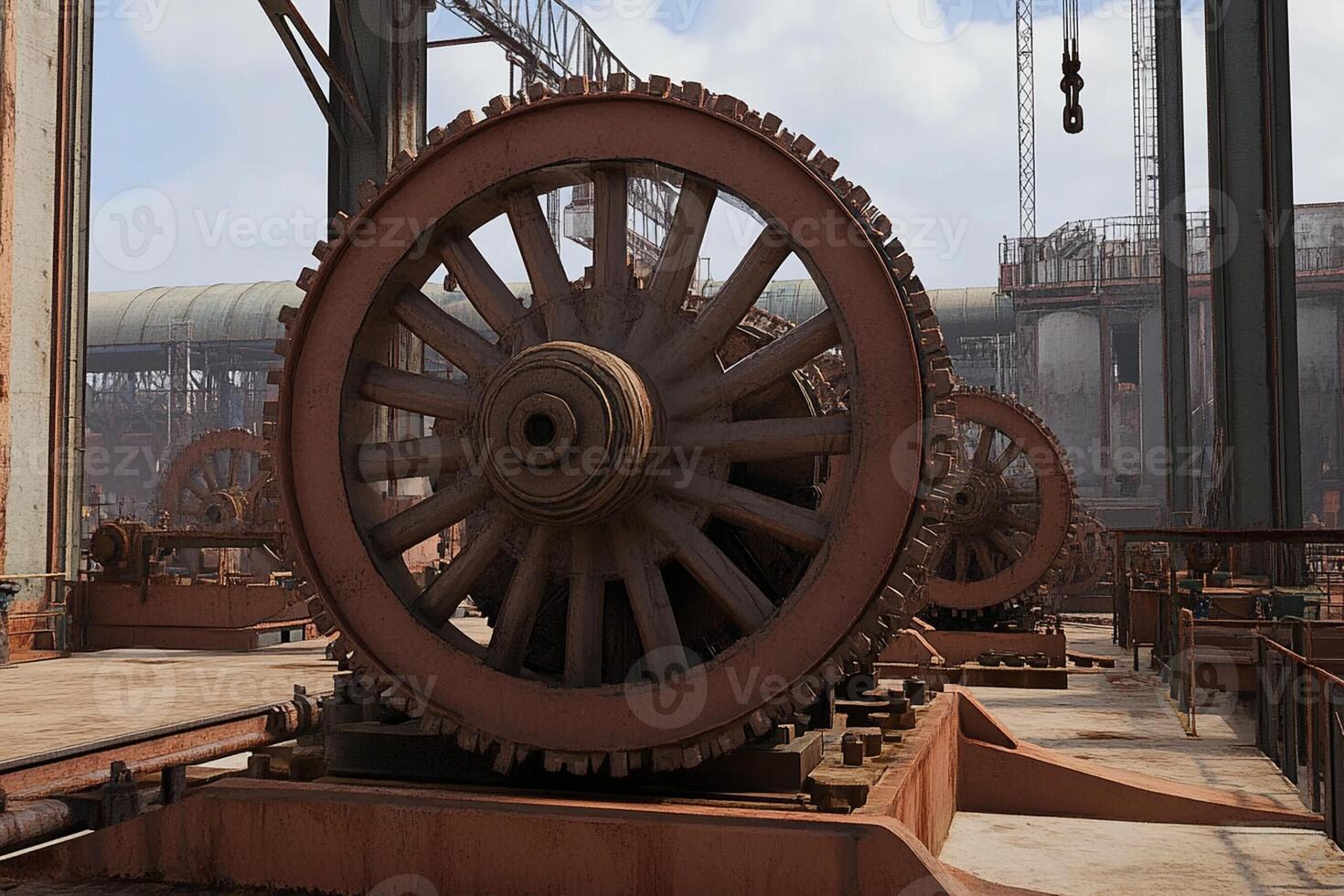 A large wheel in a factory with some machinery photo