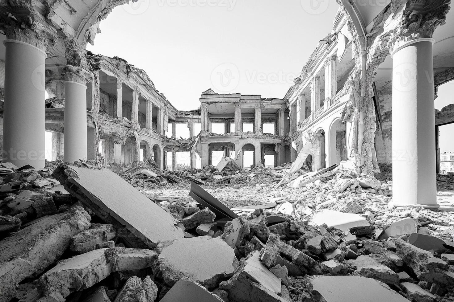 Black and white photo of a destroyed building