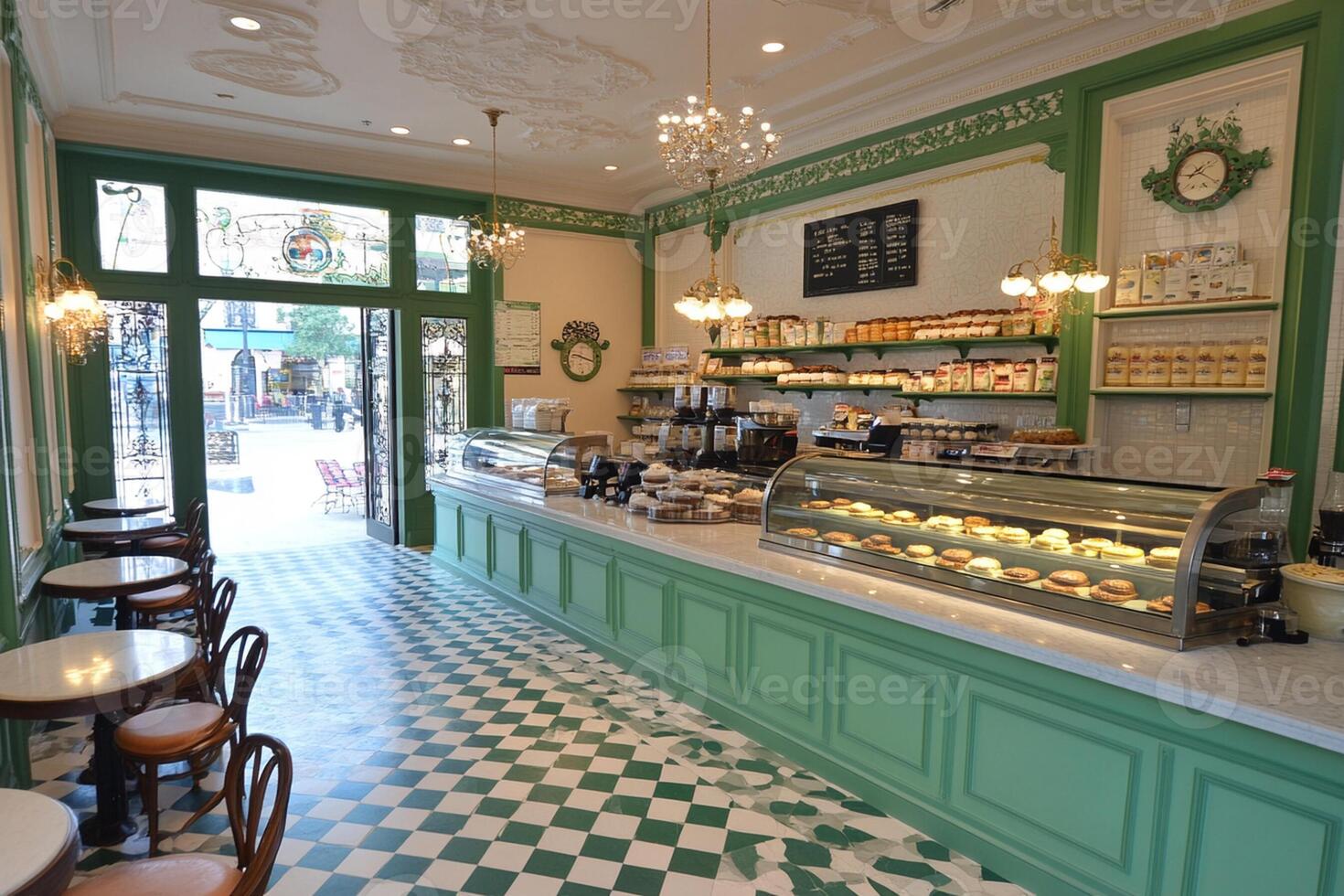 A cafe with green walls and white and green tiles photo