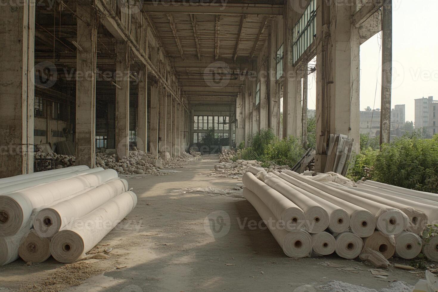 A large warehouse with many rolls of paper photo