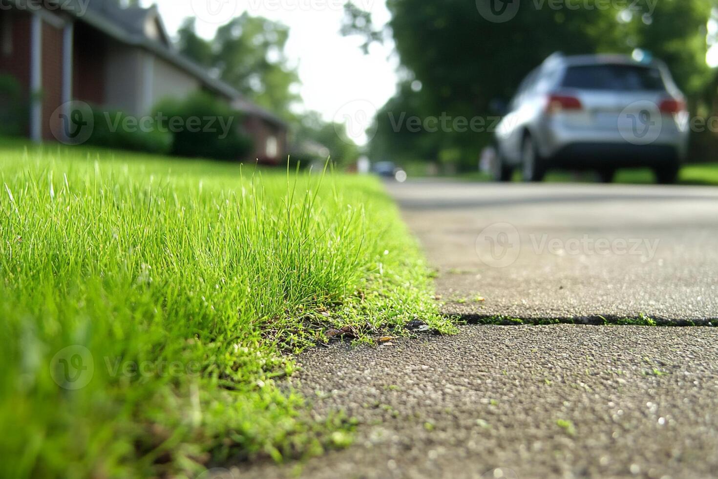A car drives down a street with grass growing on the side photo