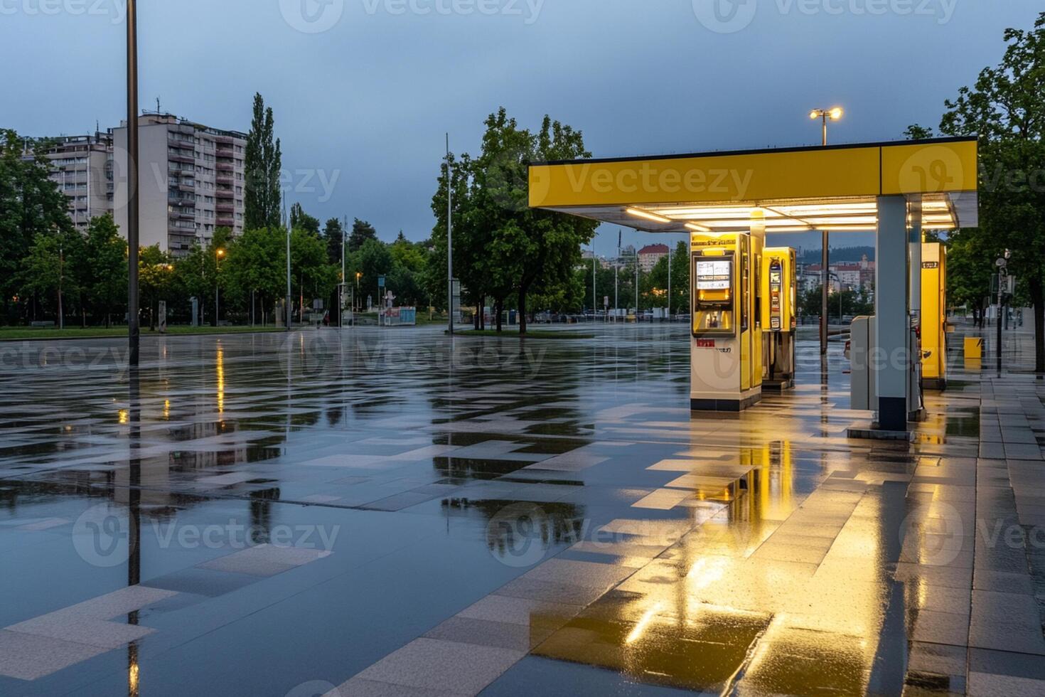 A gas station in the rain with a yellow sign photo