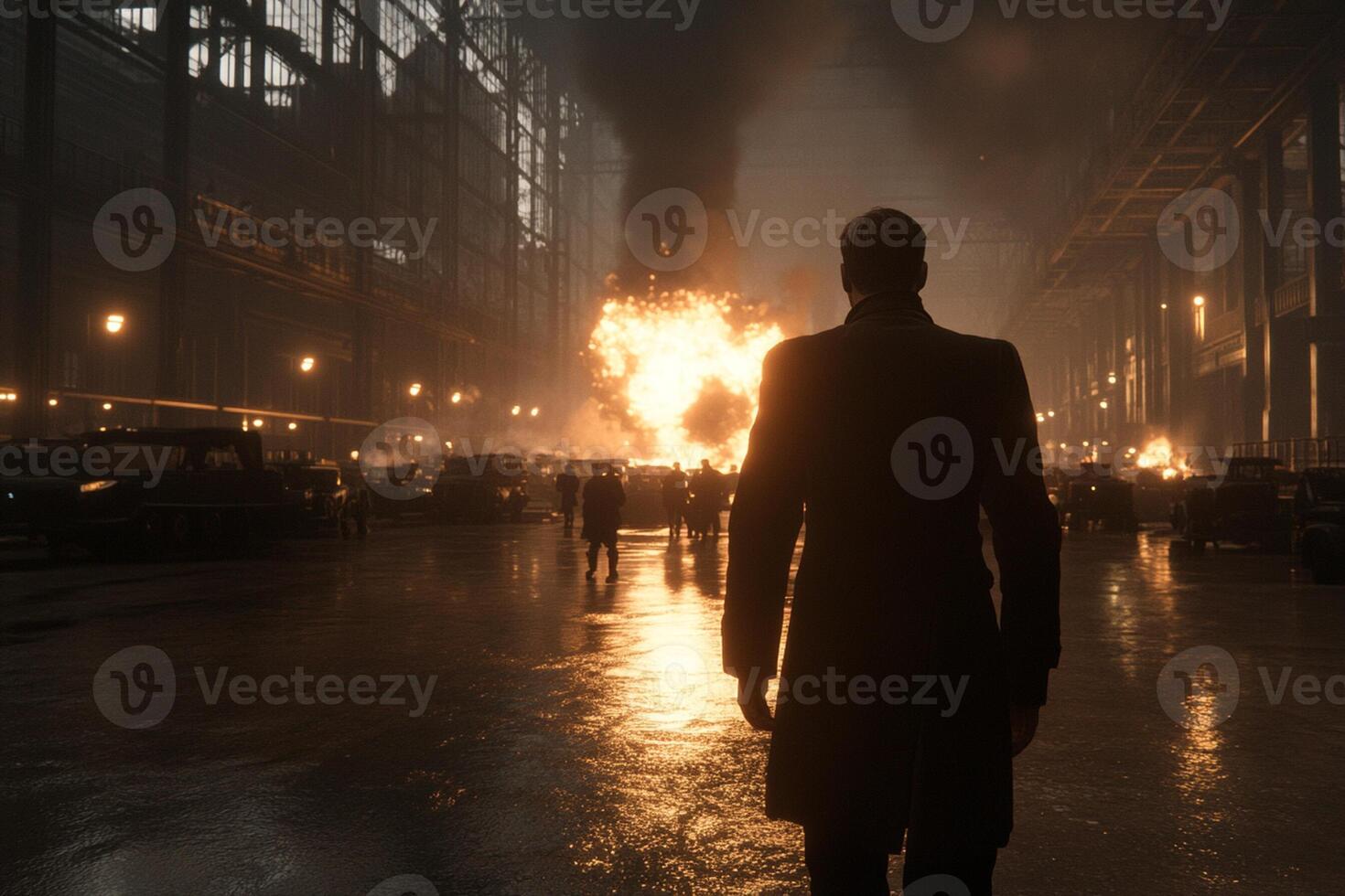 A man in a suit is walking through a factory photo