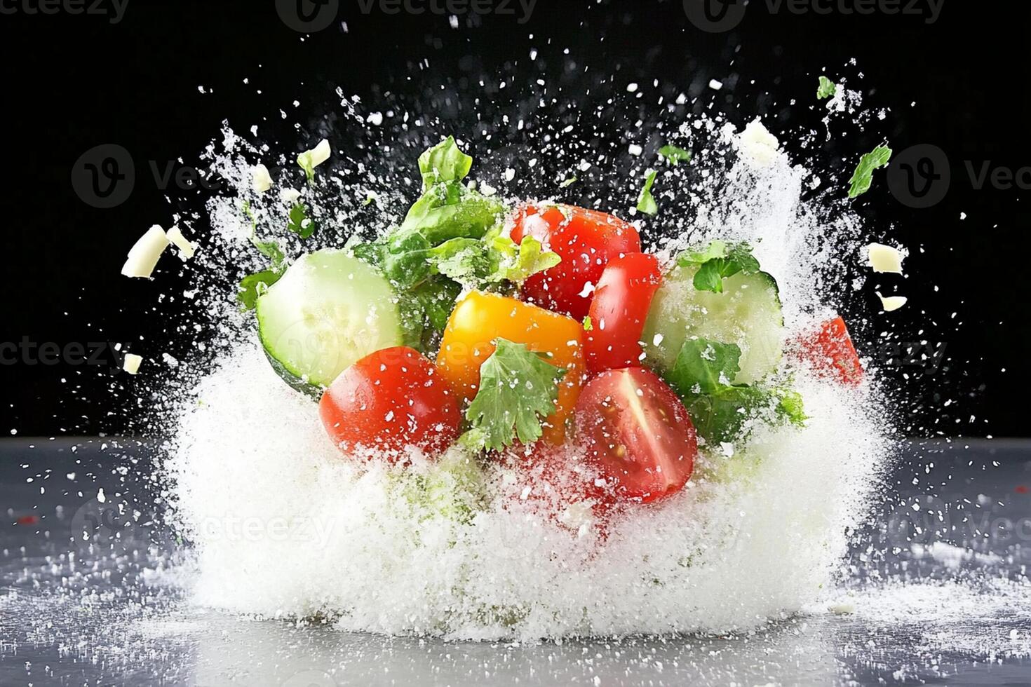 A salad with white powder being thrown on it photo