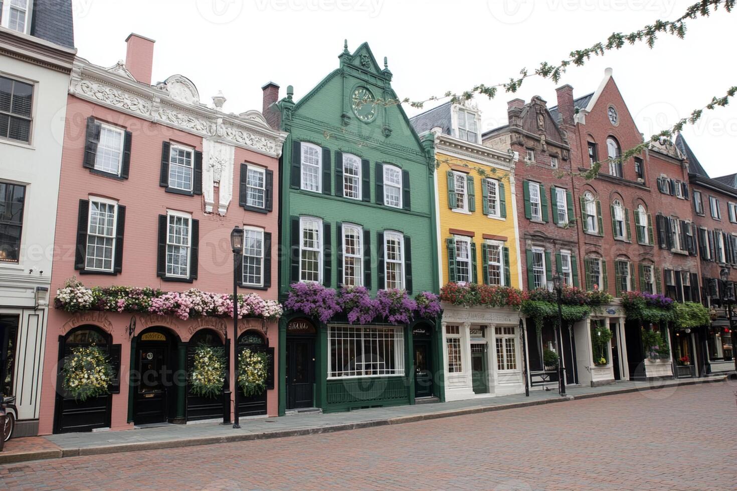 A row of buildings with green and pink windows photo