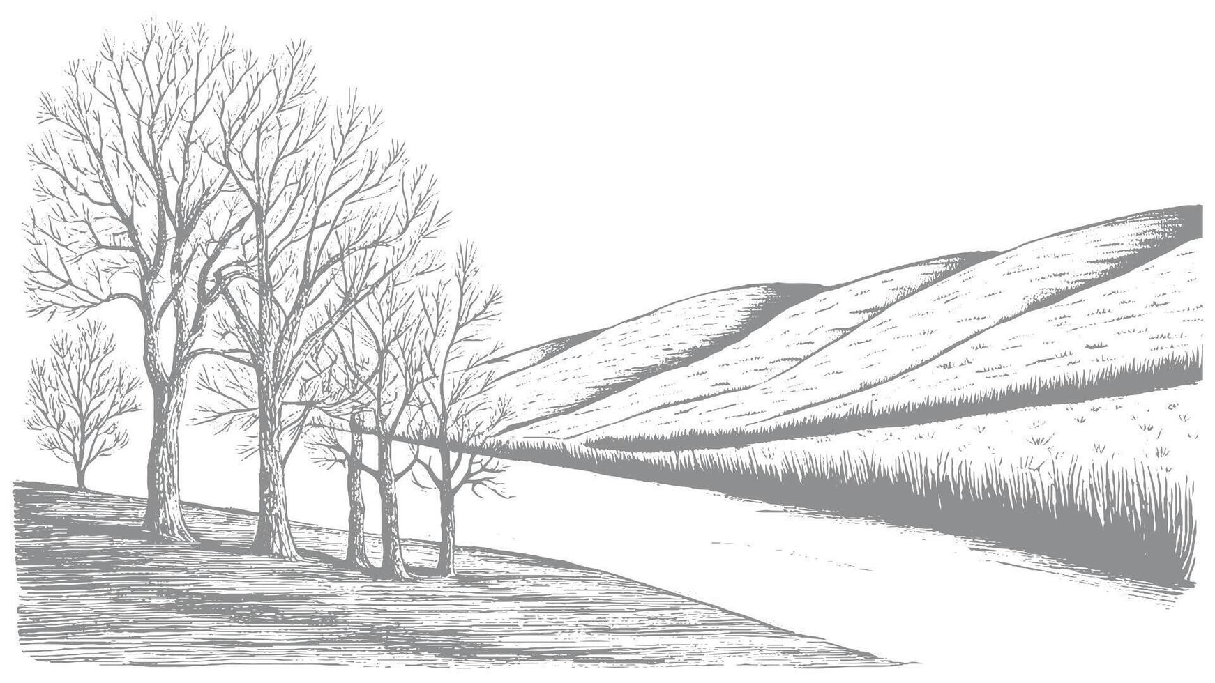 A hand-drawn serene landscape featuring trees, a river, and rolling hills drawn in black and white vector