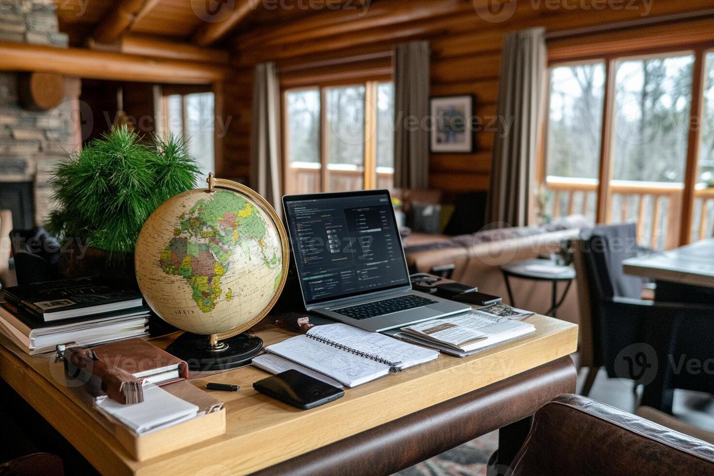 A laptop on a desk in a log cabin photo