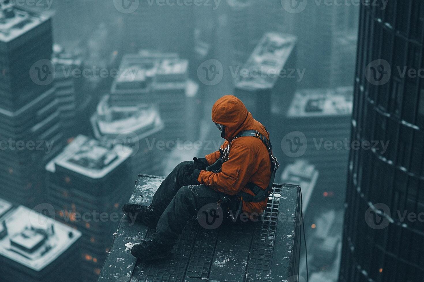 A man sitting on the edge of a building in the city photo