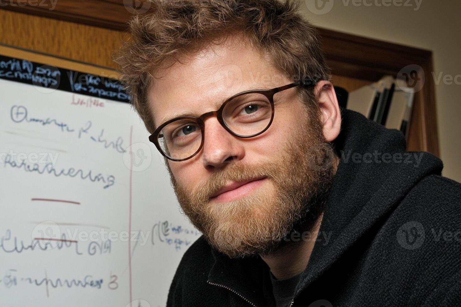 A man with glasses and a beard standing in front of a whiteboard photo