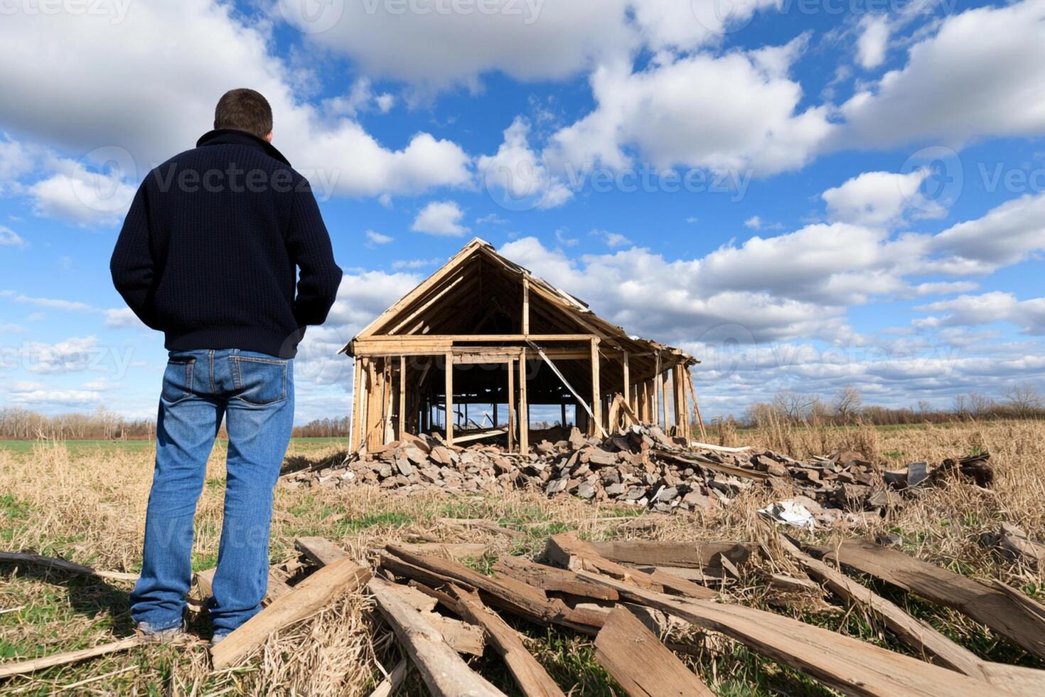A man standing in front of a house that has been torn down photo