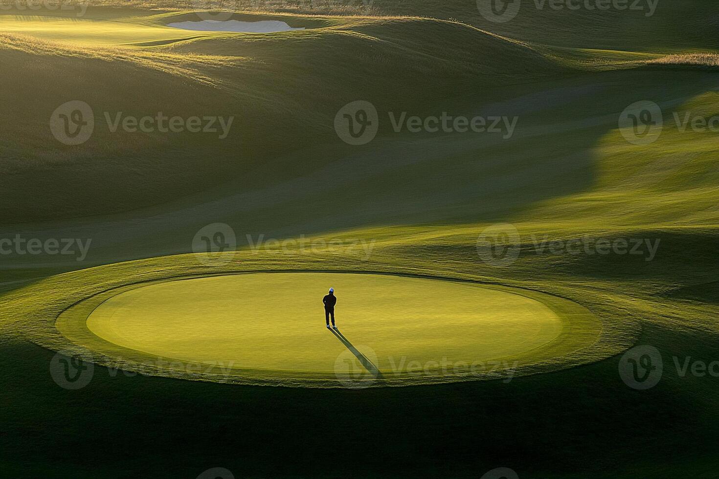 A person standing on a green golf course photo