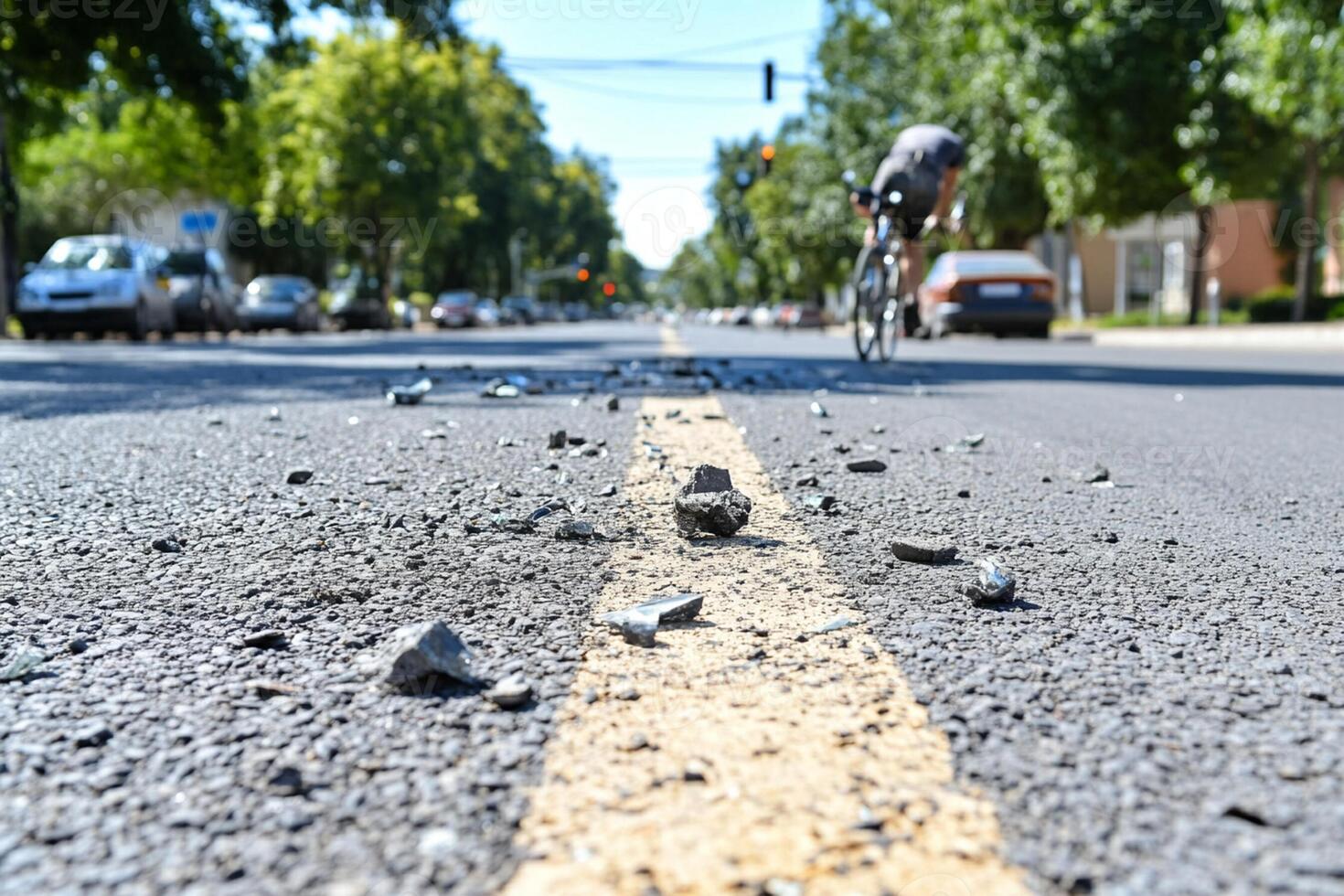 A cyclist is riding down the middle of a street with rocks scattered on the road photo