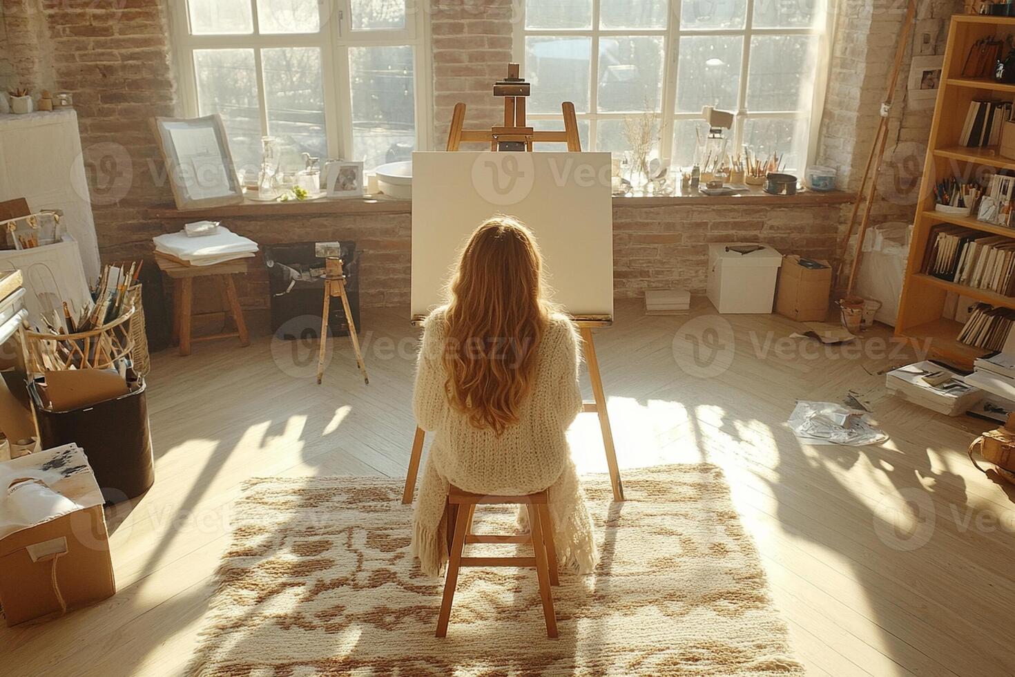 A woman sitting on a chair in front of an easel photo