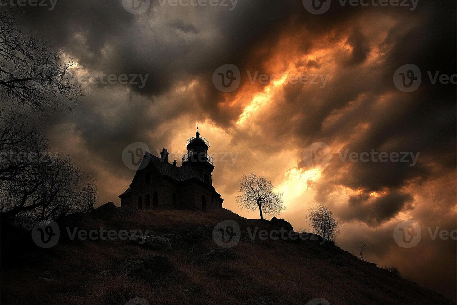 A dark and stormy night sky over a hill with a church on top photo