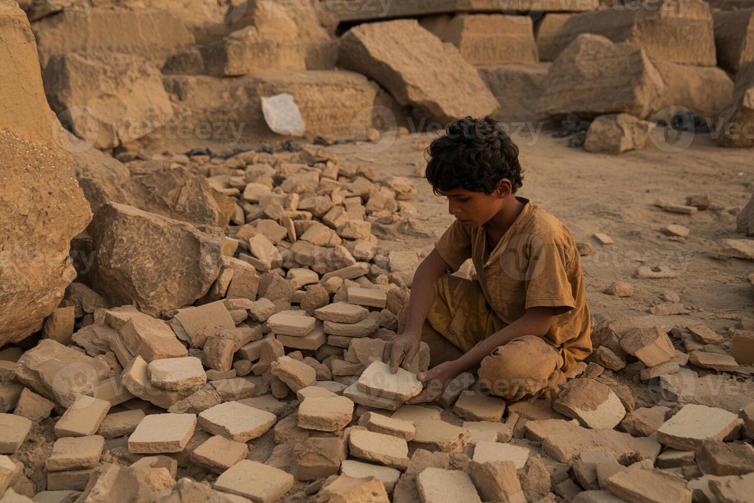 A boy is working on bricks in the desert photo