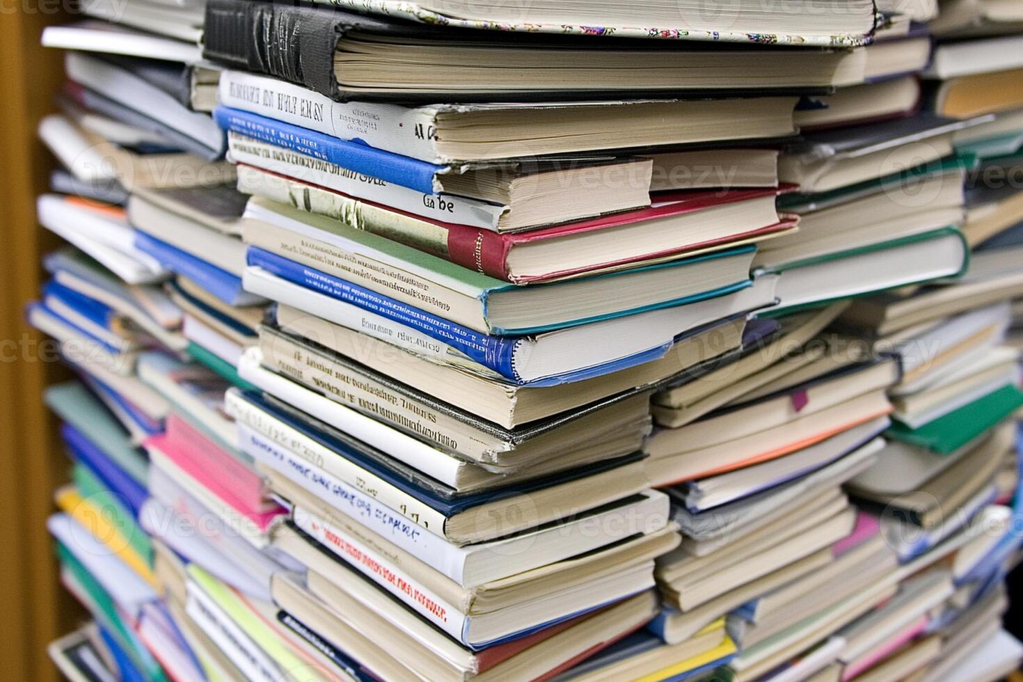 A pile of books is shown in front of a bookcase photo