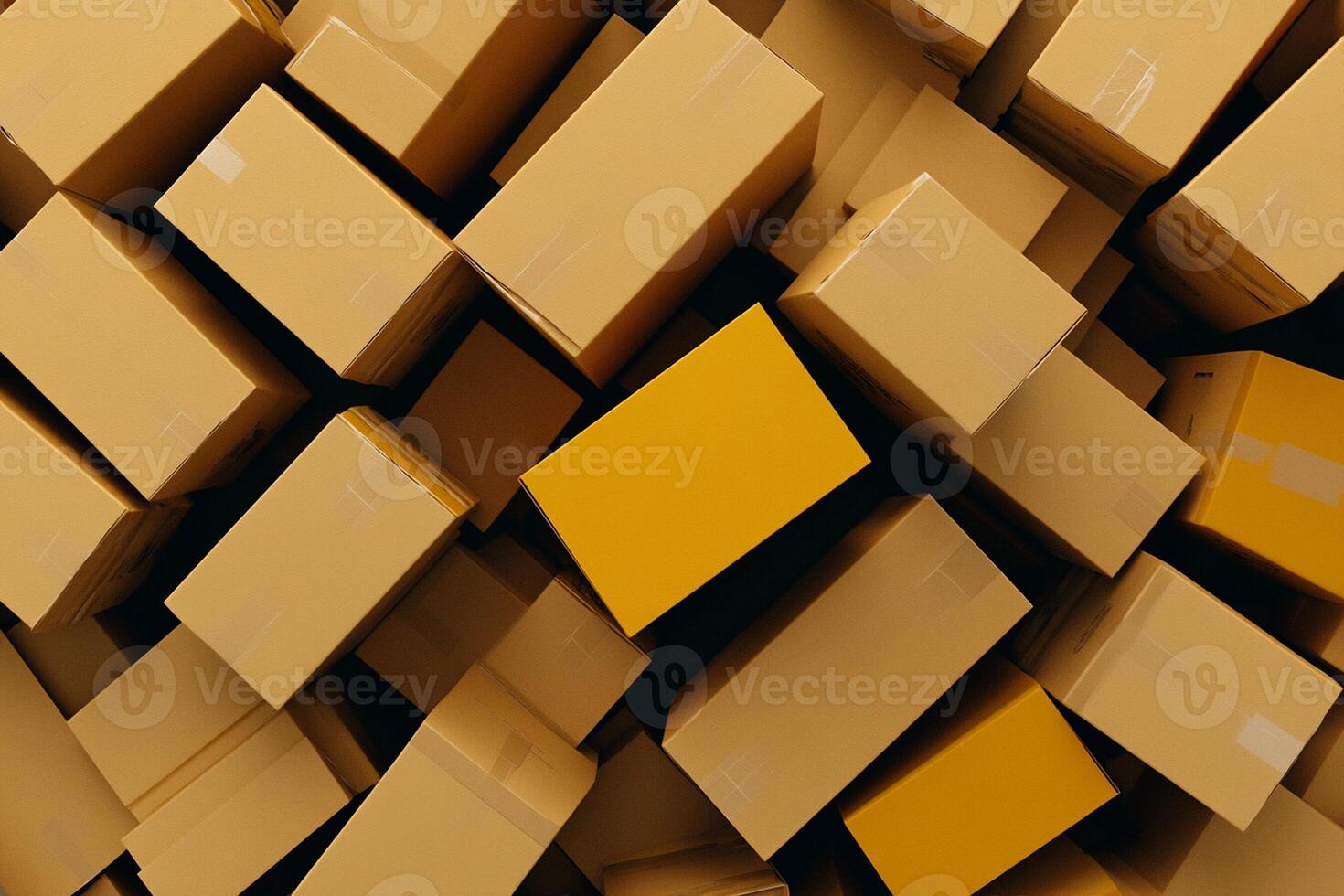 A large pile of cardboard boxes with yellow boxes photo