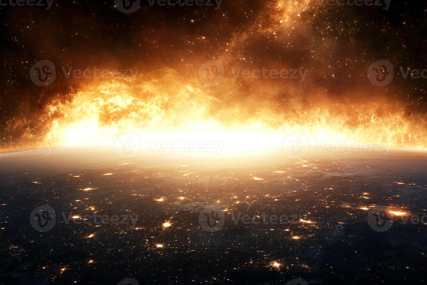 The earth is seen from space with a bright fire photo