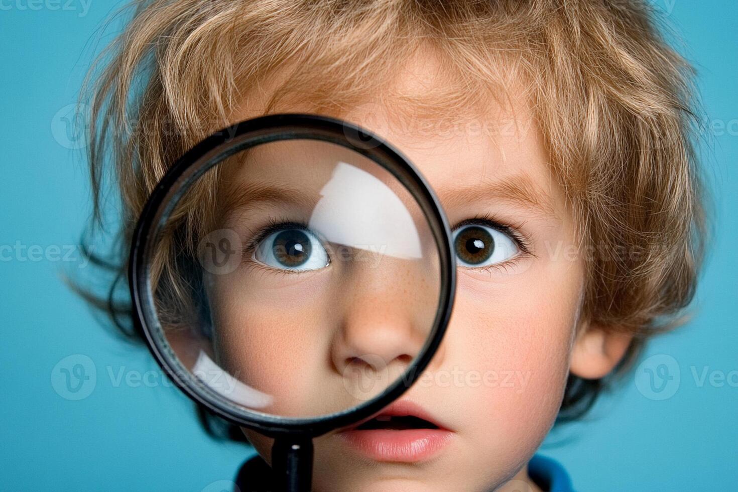 A young boy looking through a magnifying glass photo