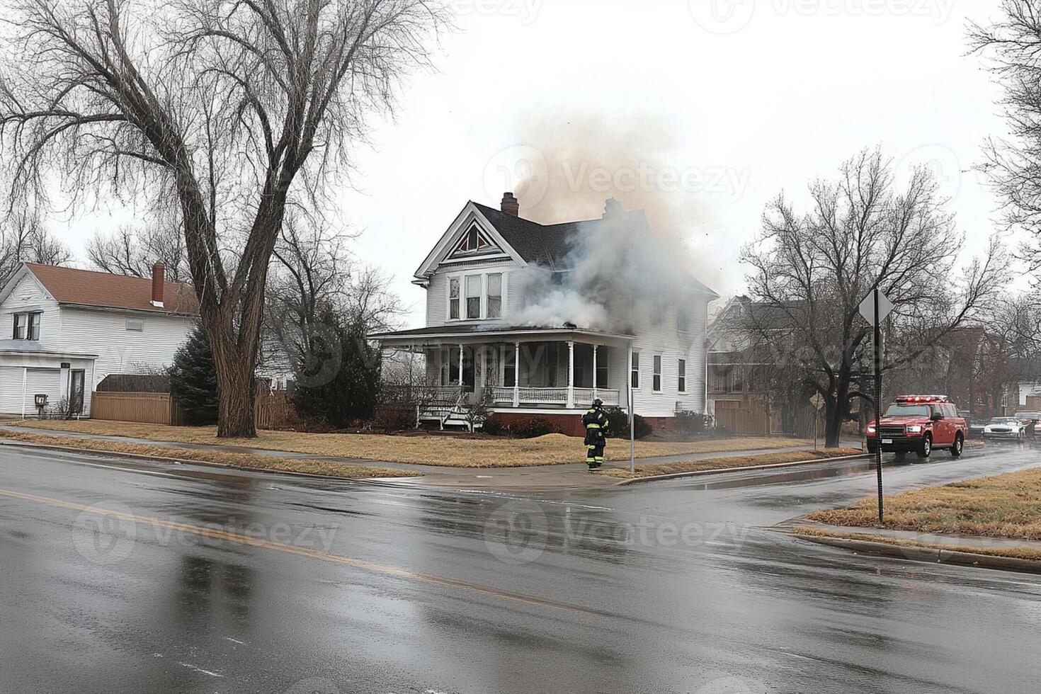 A fire truck is on the street with smoke coming out of the house photo
